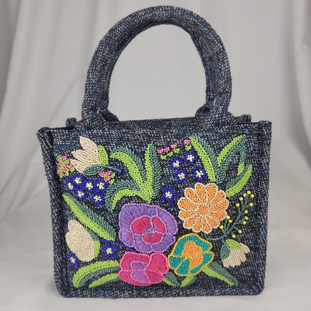 America& Beyong Beaded Floral Woven Tweed Tote Bag Navy Purse Medium
